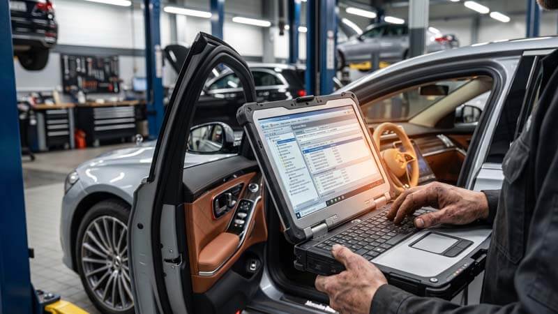 Механик диагностирует серебристый Мерседес Бенц в профессиональном автосервисе