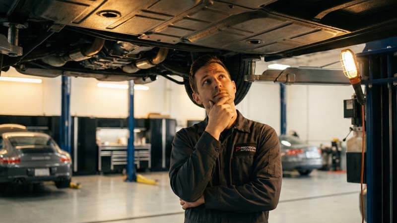 Механик планирует этапы ремонта, стоя под поднятым Mercedes на сервисе