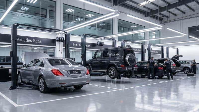Панорама современного дилерского центра и автосервиса Mercedes-Benz