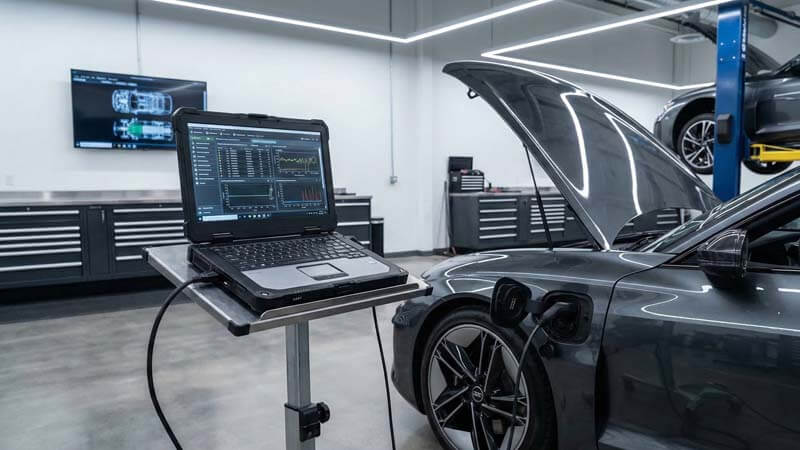 Программно-аппаратный комплекс на стенде проводит диагностику двигателя Mercedes