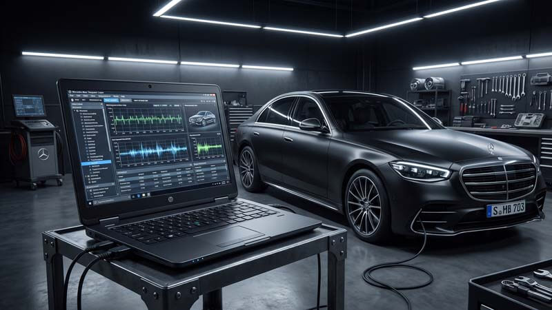 Высокотехнологичный диагностический ноутбук в премиальном гараже Mercedes