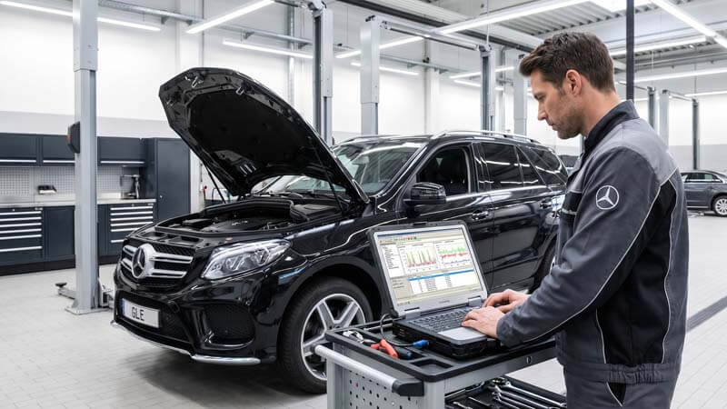 Компьютерная диагностика двигателя Mercedes-Benz с помощью специализированного ноутбука
